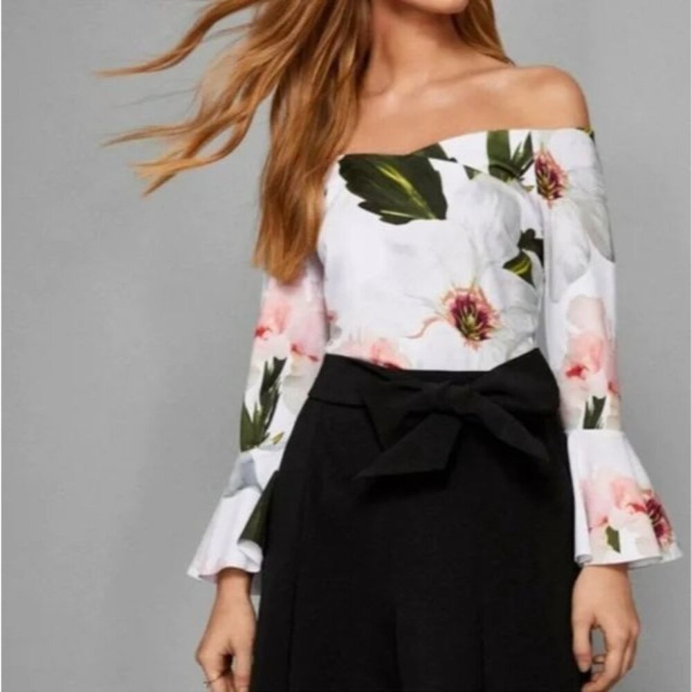 NEW Ted Baker Womens Medium Chatsworth Bloom Floral Off Shoulder Bell Sleeve Top